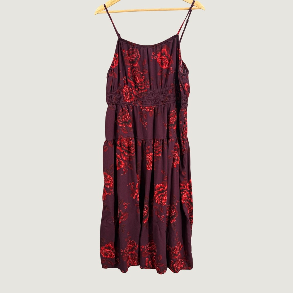 Old Navy Floral Midi Dress XL Burgundy Red Rose Smocked‎ Waist Adjustable Straps